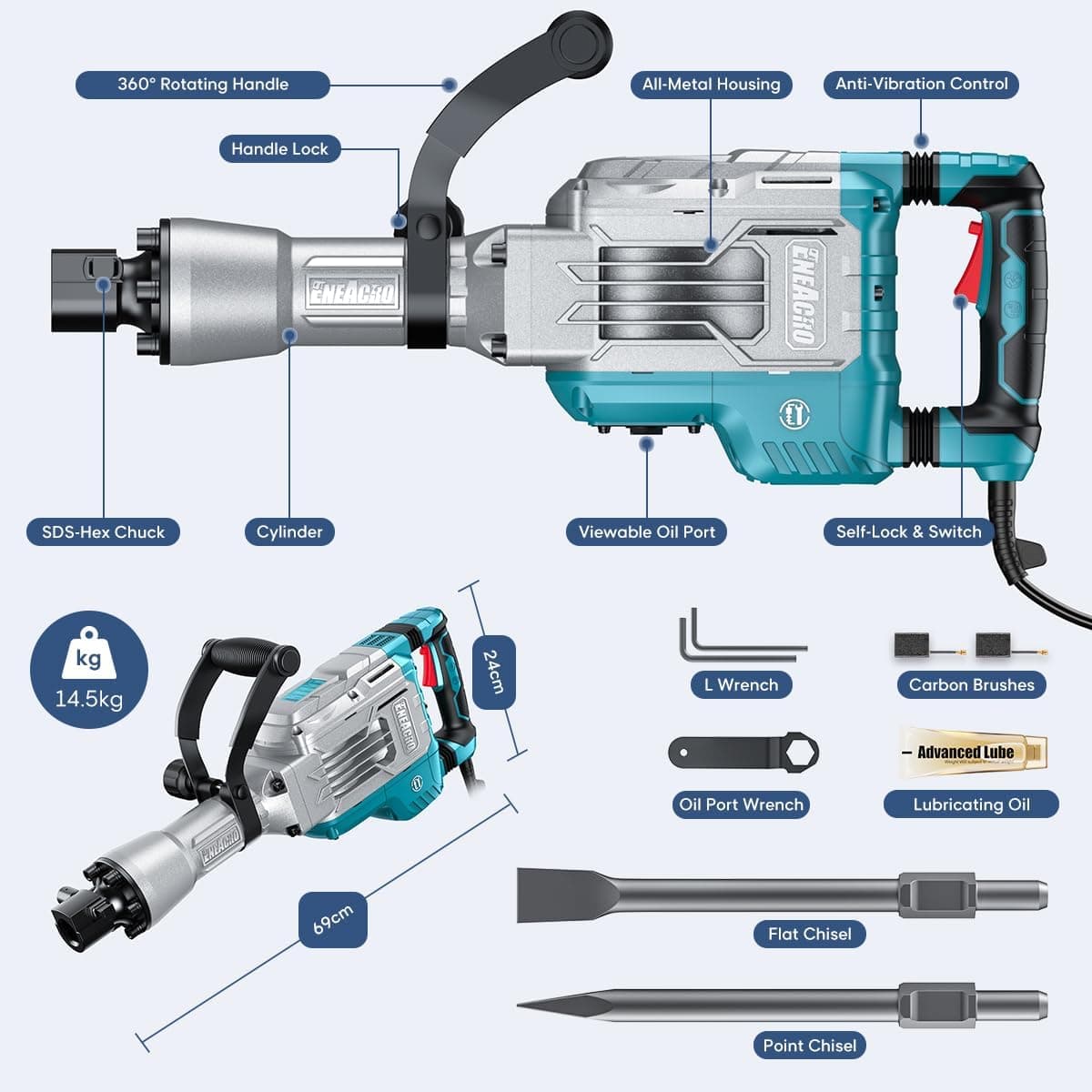 ENEACRO Demolition Jack Hammer 65 Joules SDS-Hex Concrete Breaker